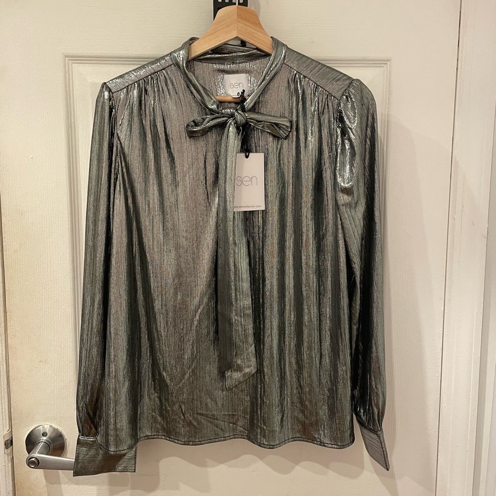 SEN NWT Metallic Silver Blouse with Tie Neck